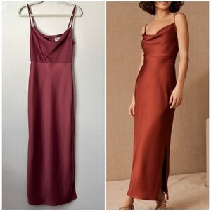 Anthropologie BHLDN Cali Satin Cowl-Neck Midi Slip Dress in Rust